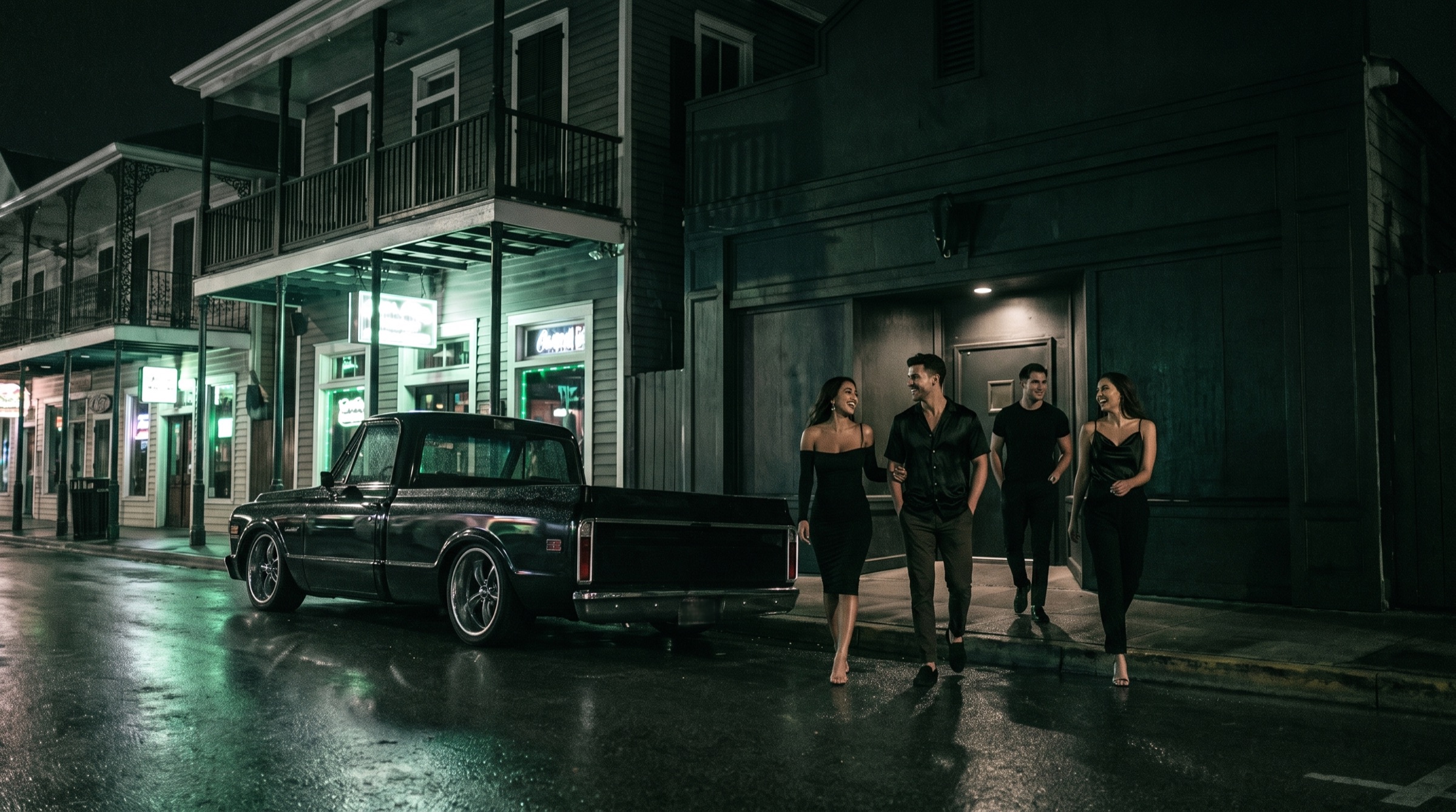 Friends walking past a lowered black pickup truck on a Key West street at night