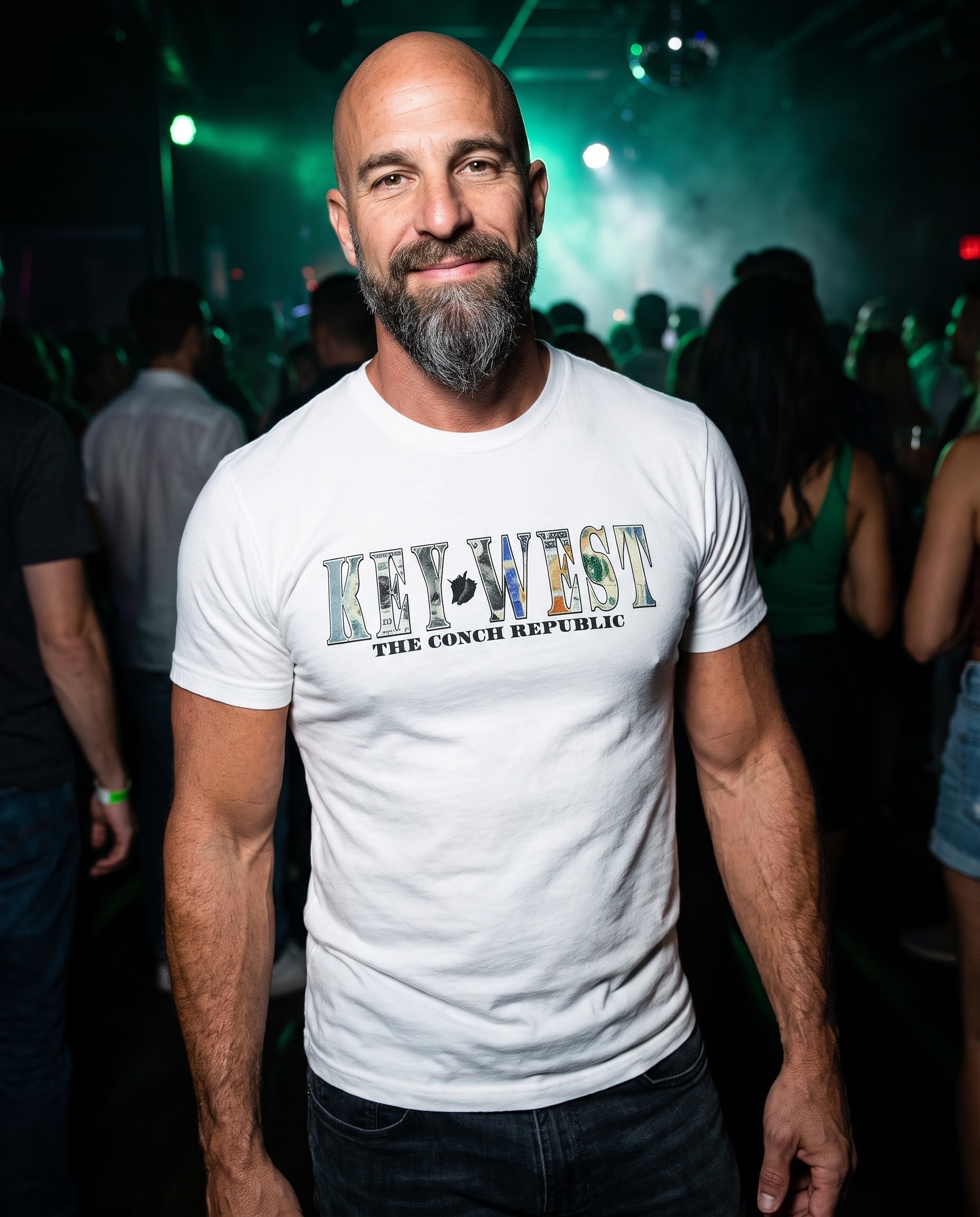 Man wearing the white KEY WEST Conch Republic tee in a nightclub